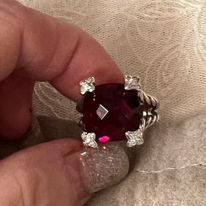 David Yurman Cushion on Point 14mm Garnet and Diamond ring.